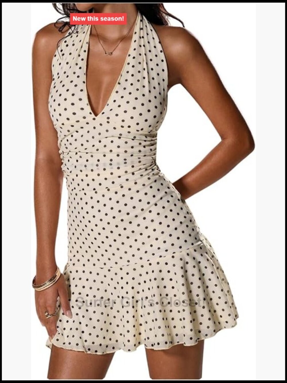 White Cream Polka Dot Halter Backless Bodycon Mini Summer Dress